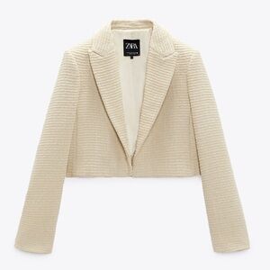 Zara Beige Cropped Textured Blazer